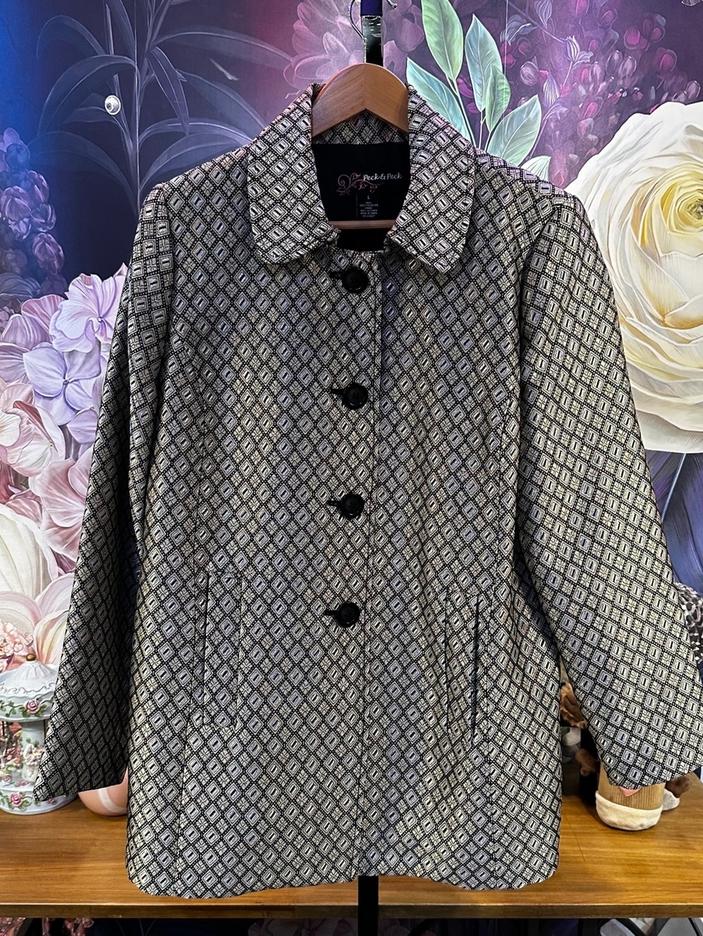 Peck & Peck L Geometric Jacquard Jacket Preppy Office Siren Workwear Retro